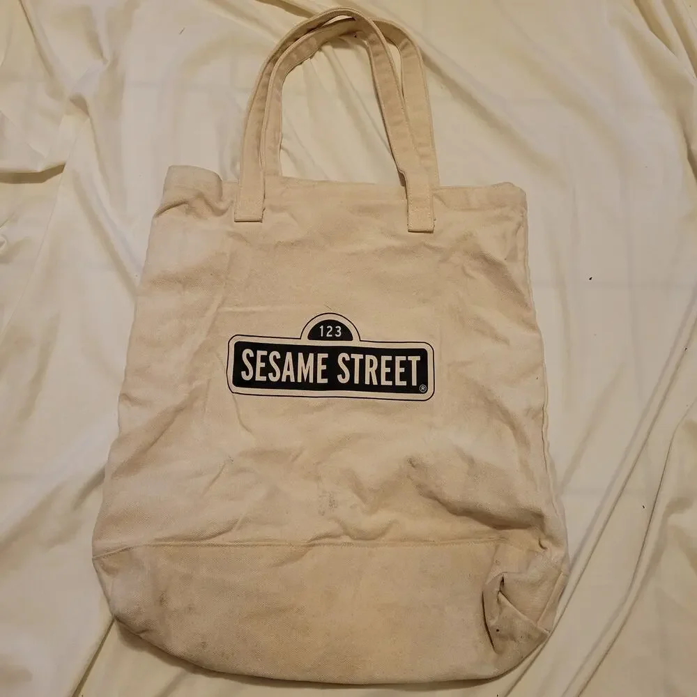 H&M Sesame Street Durable Tote Bag Beige Bookbag Kidcore